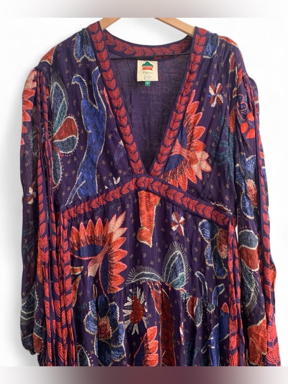 Farm Rio Tropical Shine Maxi Dress Blue & Red Print long Sleeve Boho Size Medium - Picture 6 of 8
